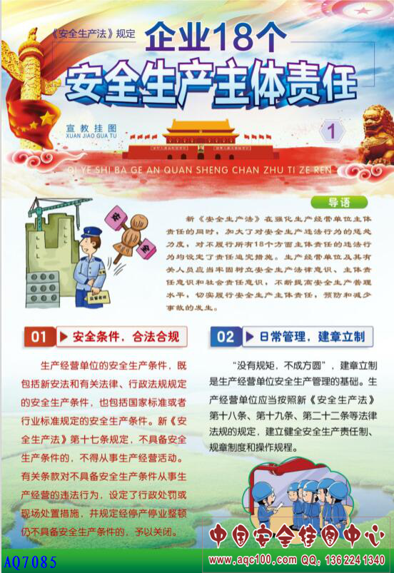 《安全生产法》规定企业18个安全生产主体责任宣教挂图-AQ7085